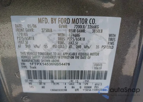 2006 Ford F-150 Fx4/Lariat/Xl/Xlt из США, поврежденный, VIN 1FTPX14536NB54476